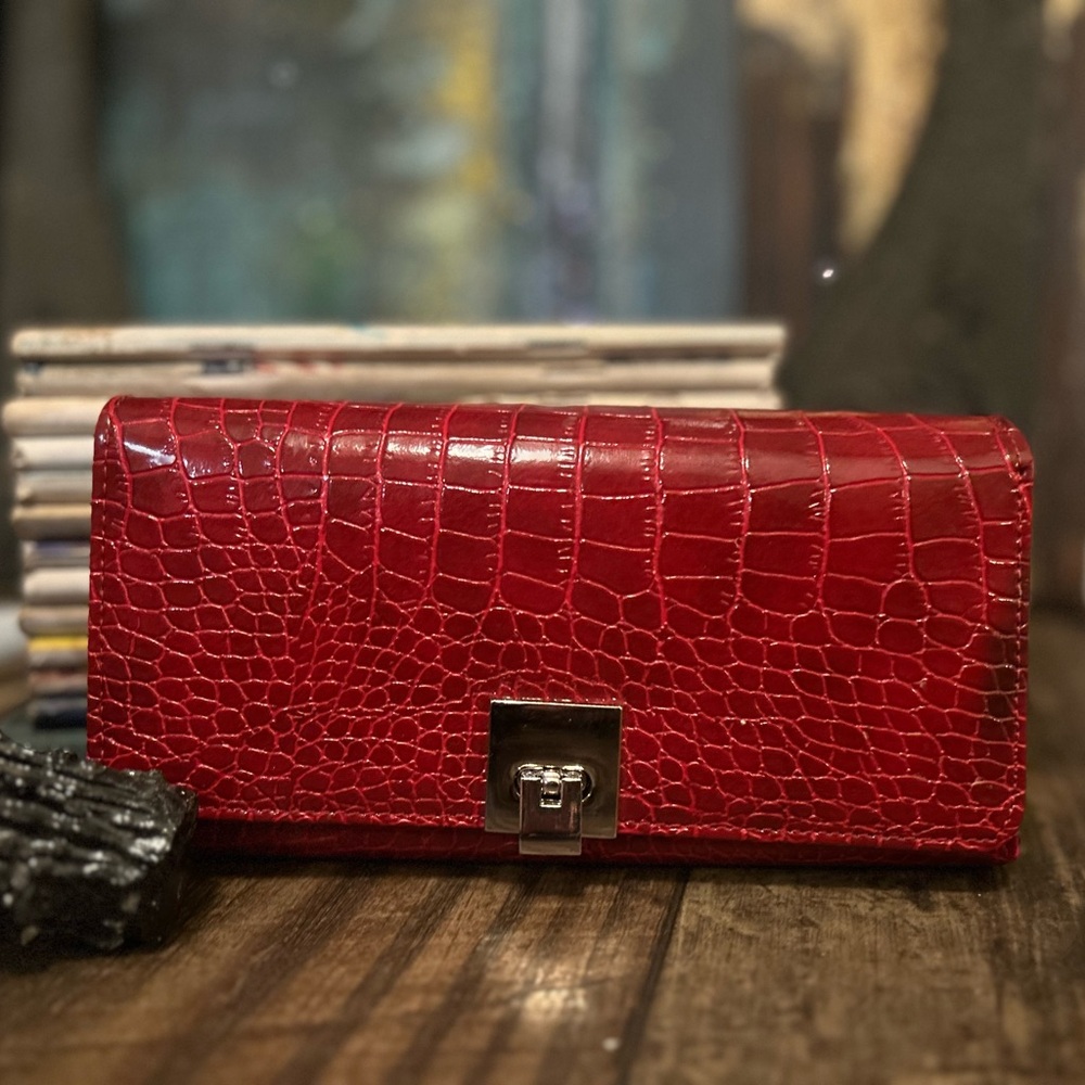 Vibrant Red Crocodile-Embossed Wallet with Metallic Clasp